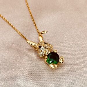 18K Gold Adorable Rabbit Emerald Green CZ Dainty Chain Necklace